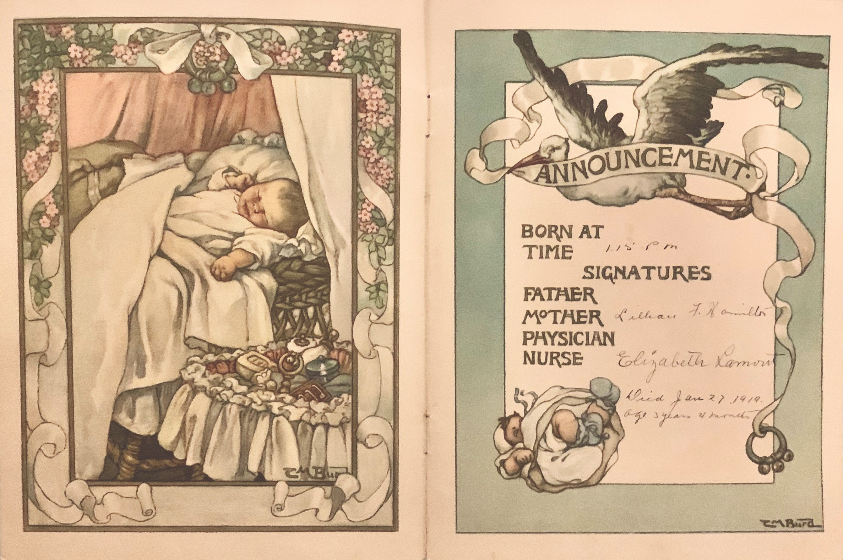 Colourful pages of Arthur Hamilton's baby book with details of his birth and death as filled in by his mother, Lillian Hamilton.