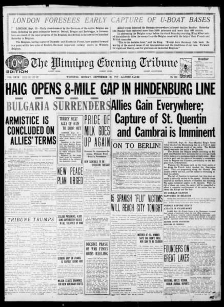 Front page Winnipeg Tribune, September 30, 1918  with headlines on war effort. Image: Winnipeg Tribune, University of Manitoba Libraries Newspapers