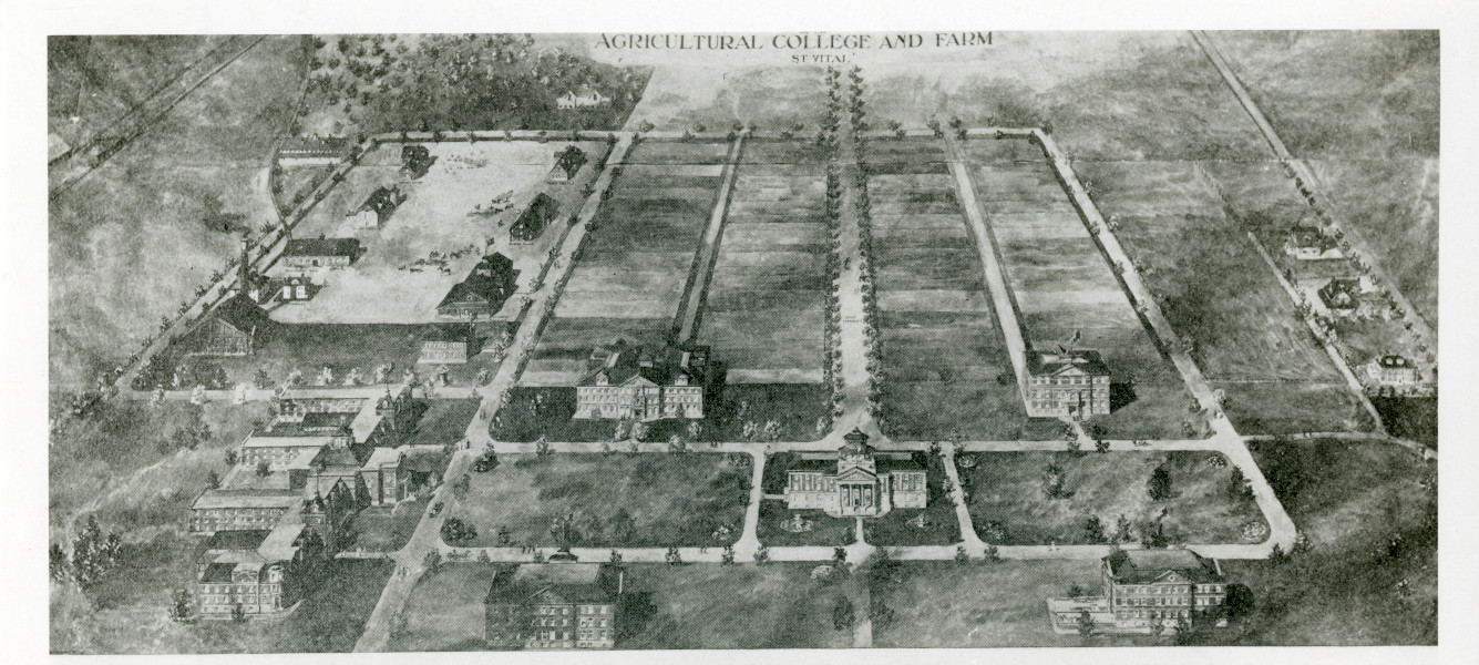 Aerial view of UM campus circa 1912 showing University of Manitoba admin and agriculture buildings with main road into campus. University Relations and Information Office fonds, University of Manitoba Libraries, Archives and Special Collections