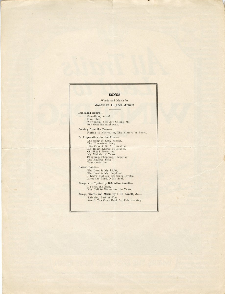 Verso side of front cover, listing songs composed by J.H. Arnett (Credit: Archives & Special Collections. Public Domain.)