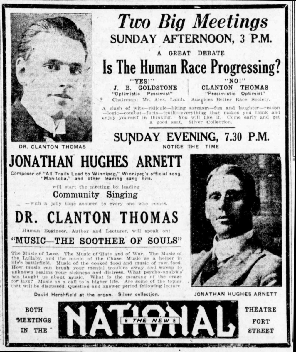 Ad about Jonathan Hughes Arnett leading community singing at a meeting at the National Theatre on Fort St. in 1926. (Credit: Winnipeg Tribune)
