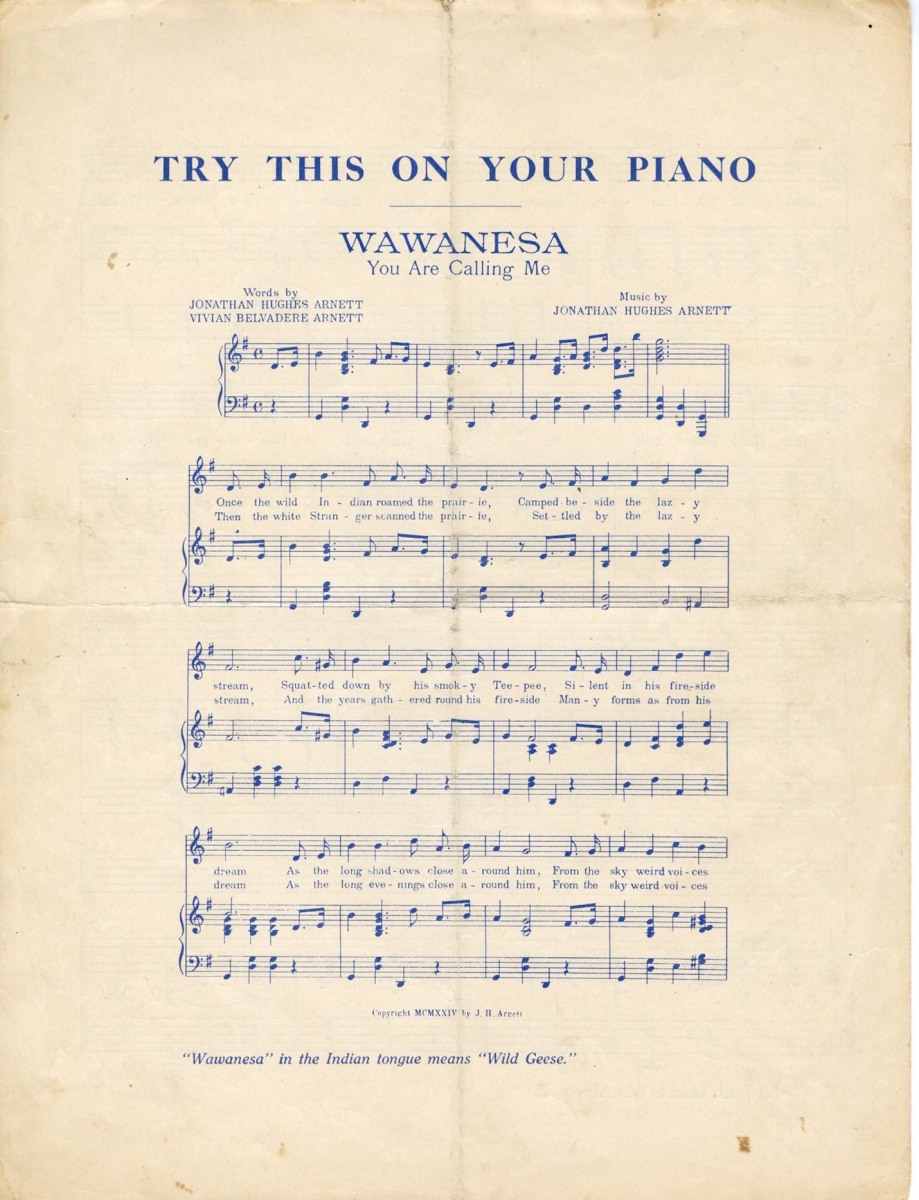 Back cover of folio, showing sheet music for “Wawanesa, You Are Calling Me”. (Credit: Archives & Special Collections. Public Domain.)