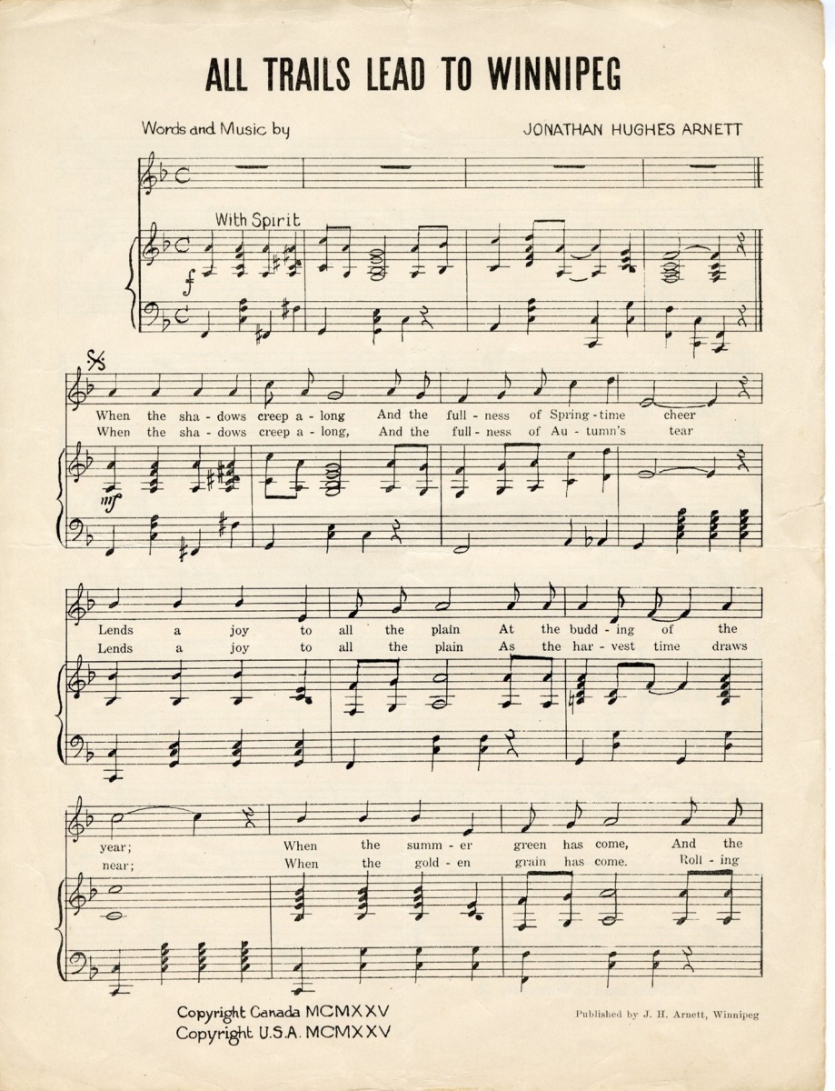 First page of sheet music for “All Trails Lead to Winnipeg”. (Credit: Archives & Special Collections. Public Domain.)