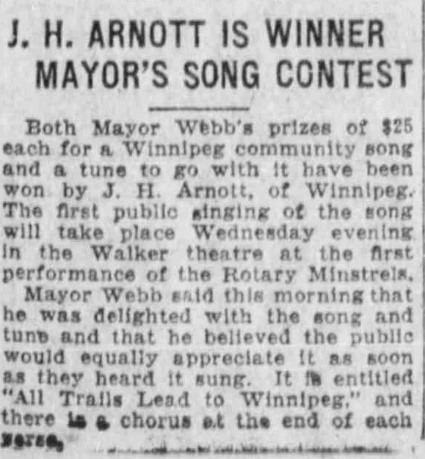 Announcement of contest winner on March 23, 1925. Arnett’s surname is misspelled as “Arnott”. (Credit: Winnipeg Tribune)