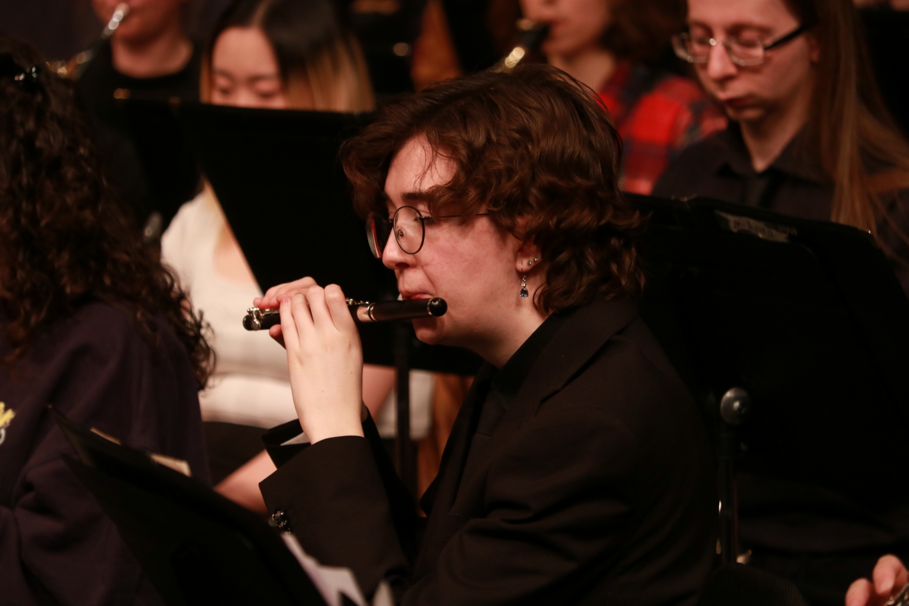 Cal Wiese plays piccolo in a 2023 University of Manitoba Wind Ensemble concert
