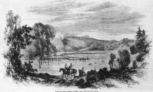 1858 illustration of wooden fish weir (trap) used by Anishinaabeg.