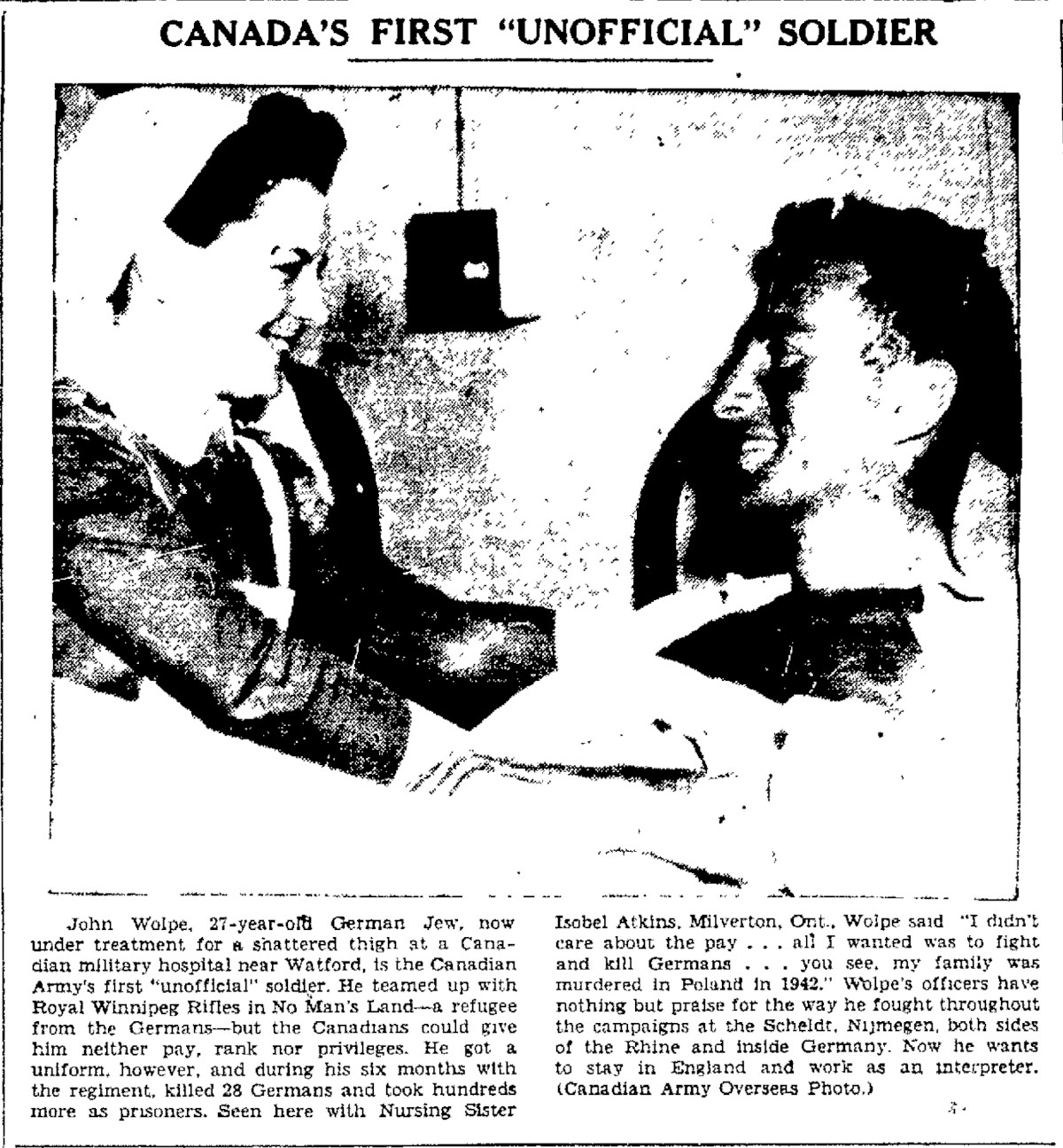 Wolpe recovering in hospital in England. // Lethbridge Herald, July 17, 1945, p. 5.