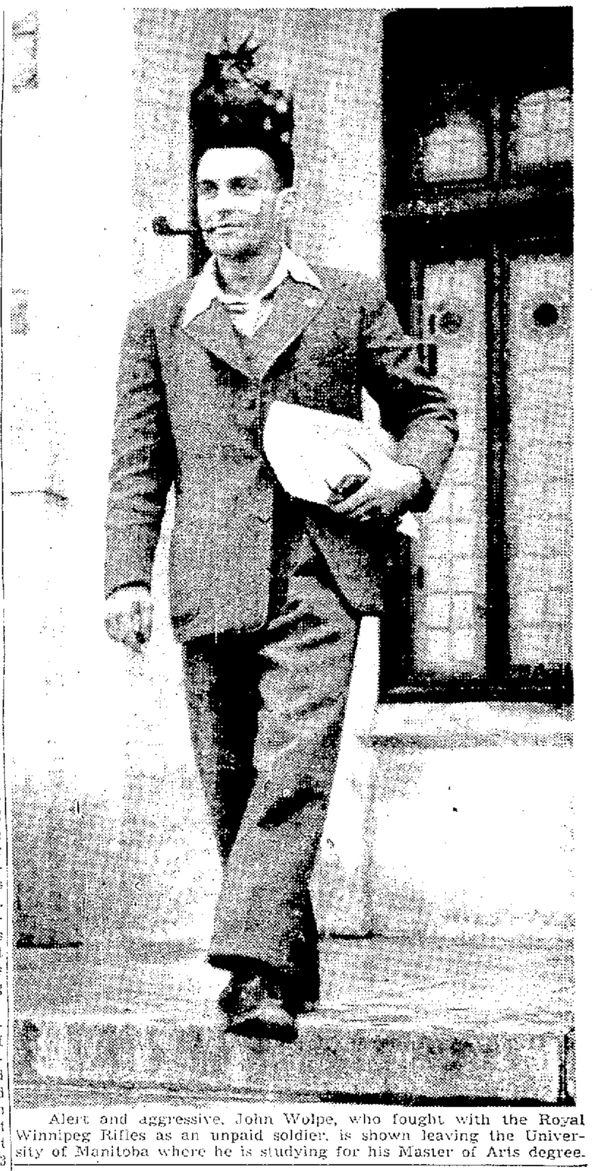 Wolpe leaving Tier Building at University of Manitoba. // Winnipeg Free Press, Oct. 29, 1946, p. 3.