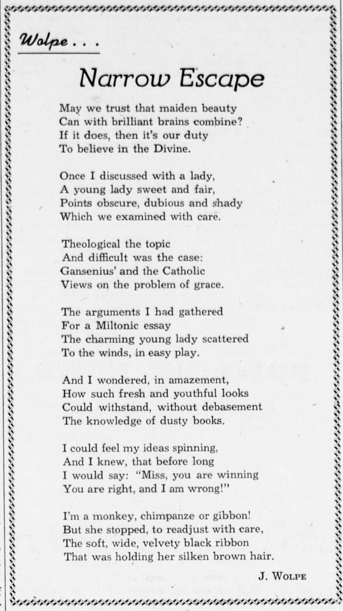 Poem titled "Narrow Escape." // The Manitoban, Jan. 25, 1949, p. 6.