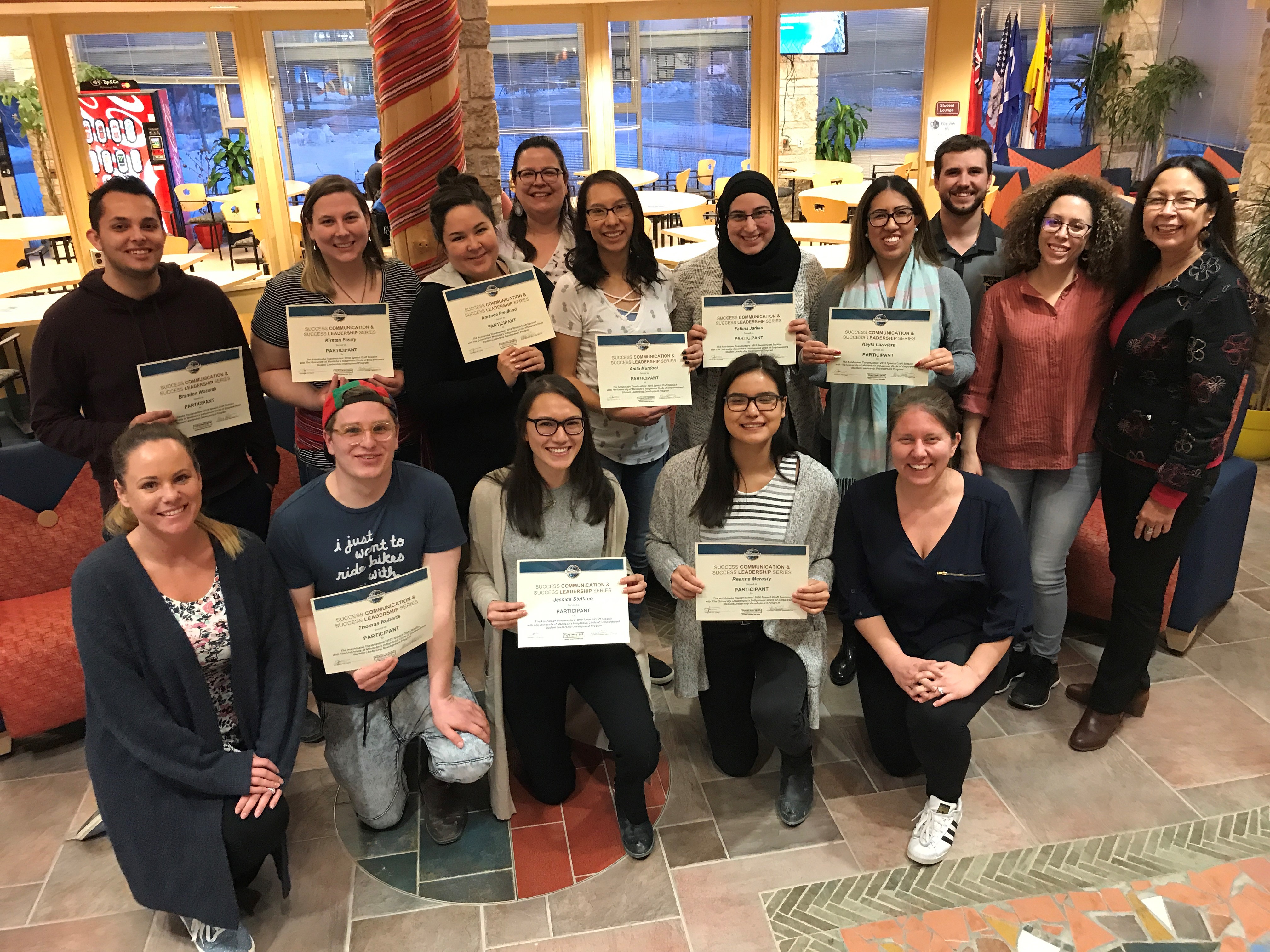 2.	ICE students and facilitators from the Anishinabe Toastmasters (Maya Simpson, Audrey Rirchard, Norma Spence, Carl Stone) after receiving their certificates for completing the Speech Craft program in public speaking.