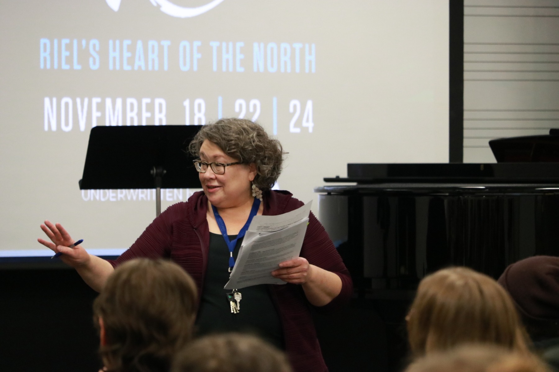Desautels Faculty of Music musicologist Colette Simonot-Maiello gives background about Indigenous representation in operas to Desautels Faculty of Music students before a sneak peek into Manitoba Opera's Li Keur: Riel's Heart of the North.