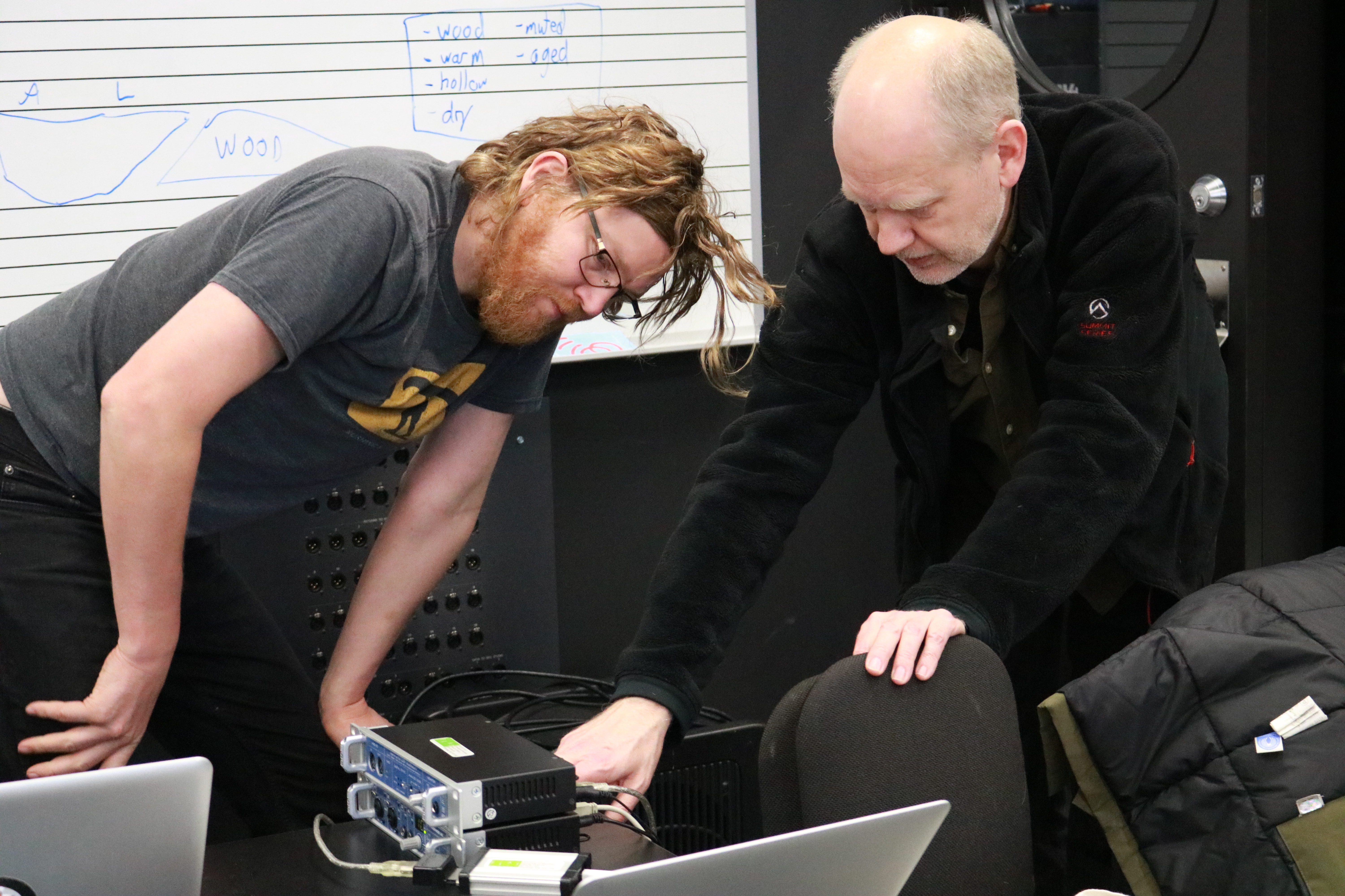 Orjan Sandred helps Desautels student Jesse Krause with an interactive soundscape installation about Iceland in 2020