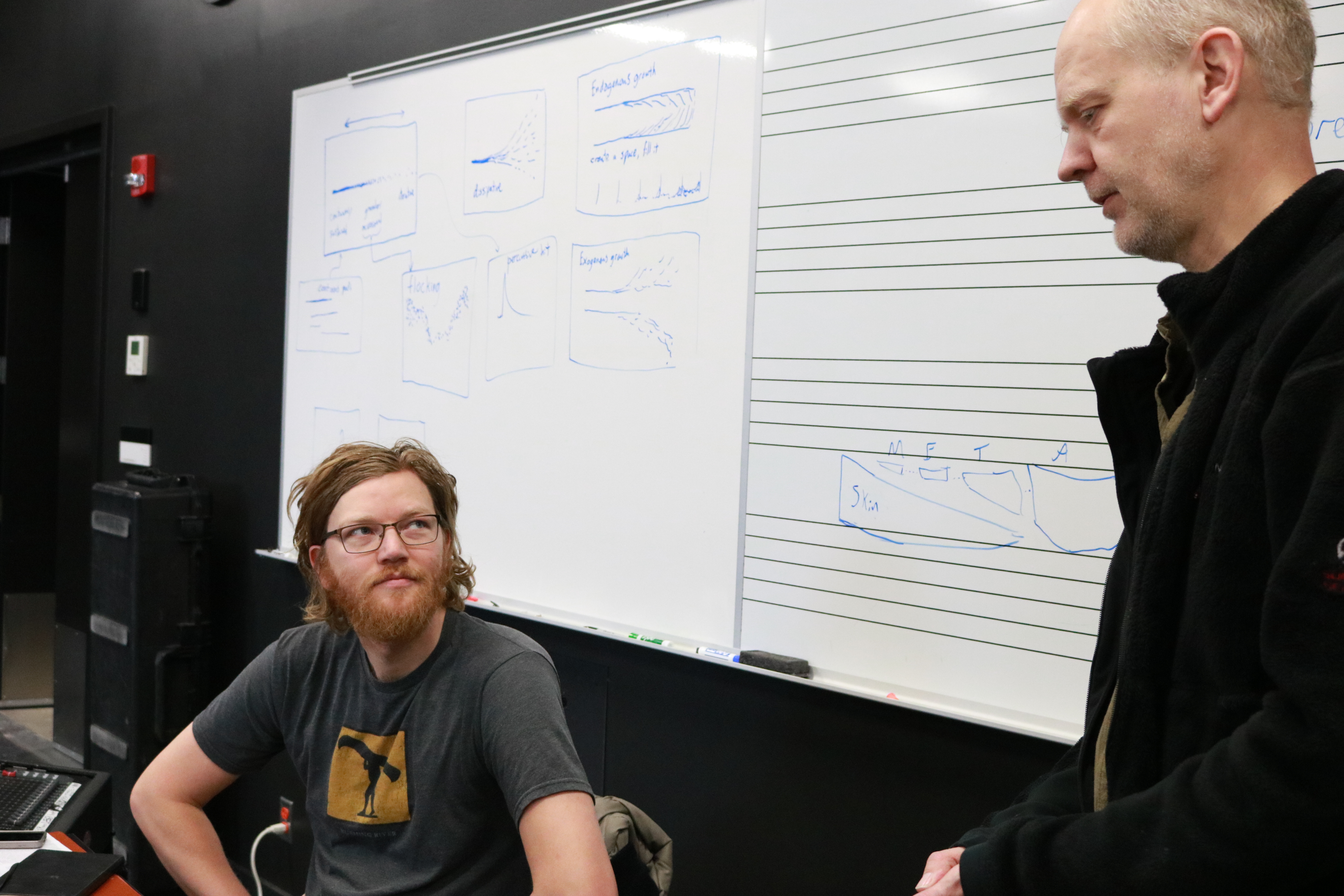 Orjan Sandred helps Desautels student Jesse Krause with an interactive soundscape installation about Iceland in 2020