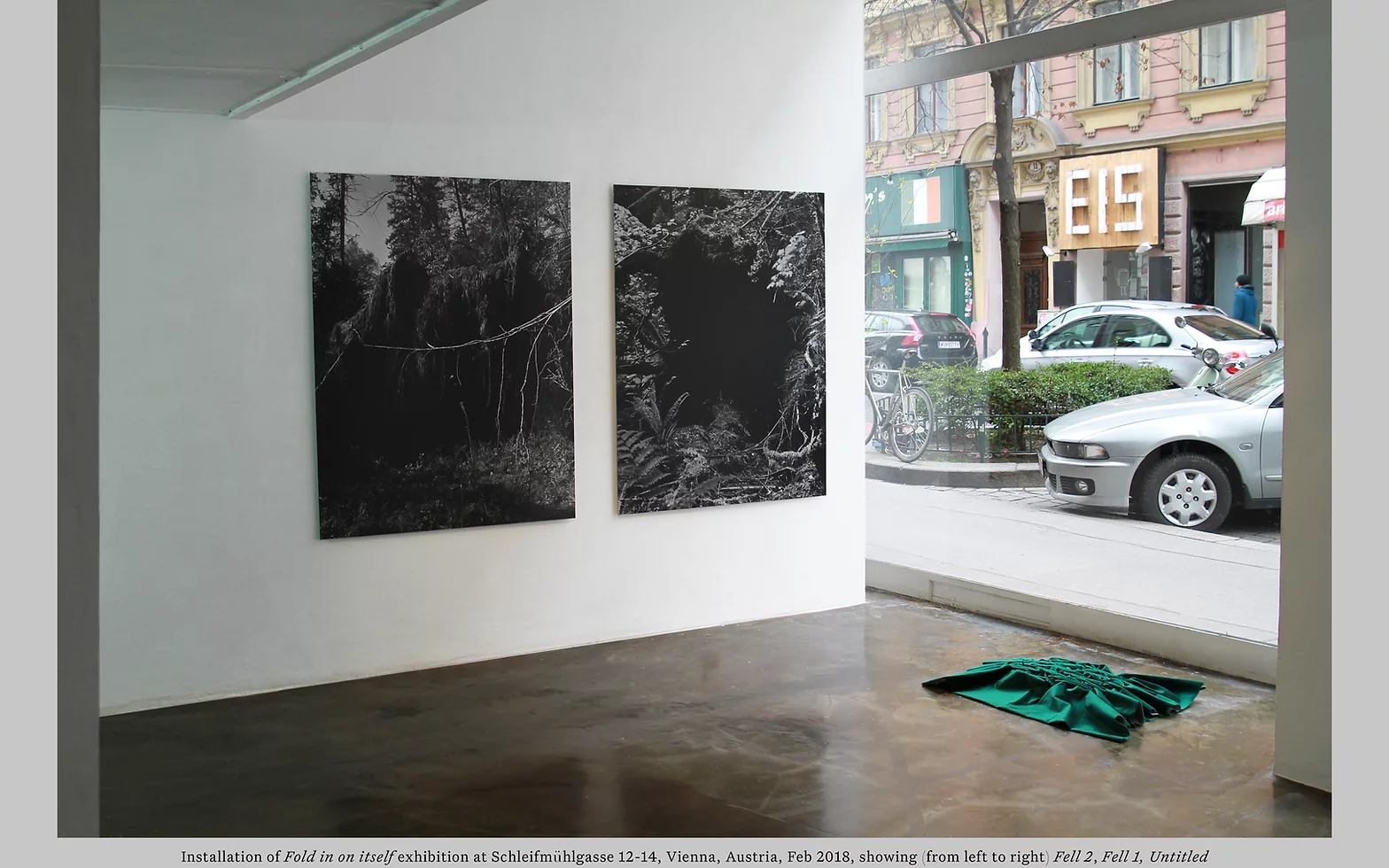 Installation of <em>Fold in on itself</em> exhibition at Schleifmuhlgasse 12-14, Vienna, Austria, Feb 2018, showing (from left to right) <em>Fell 2</em>, <em>Fell 1</em>, <em>Untitled</em>.