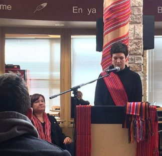 Métis student leader @jennavandal emcees the Louis Riel Day Celebrations at Migizii Agamik. #umindigenous #umstudent #umanitoba #treaty1 #LouisRielDay